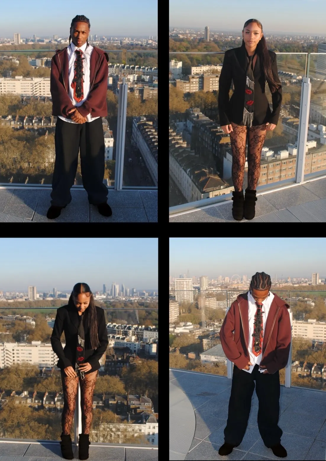 Four-up lookbook from a London rooftop — blazer, hoodie and statement ties